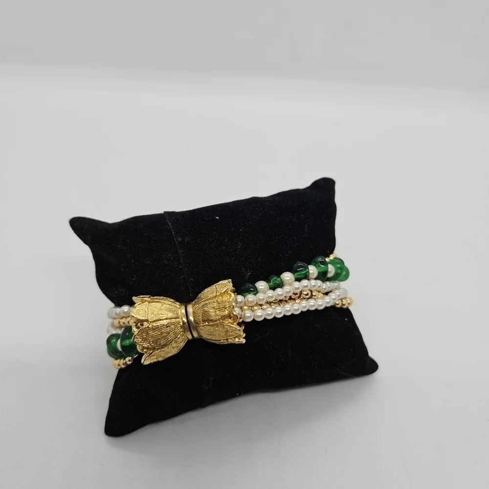 layered beaded bracelet gold tone faux pearl green glass